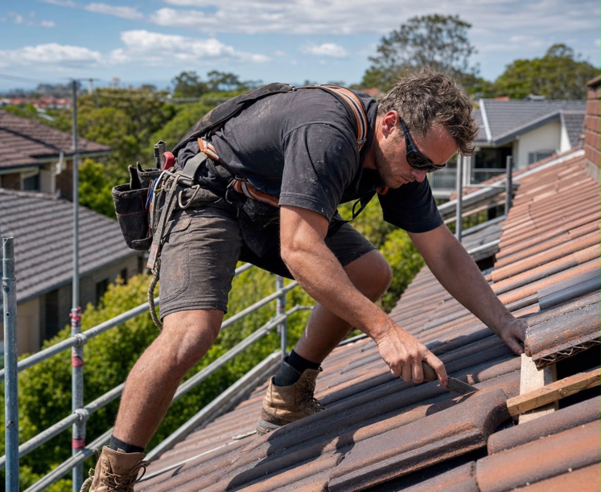 Roof tile replacement in progress